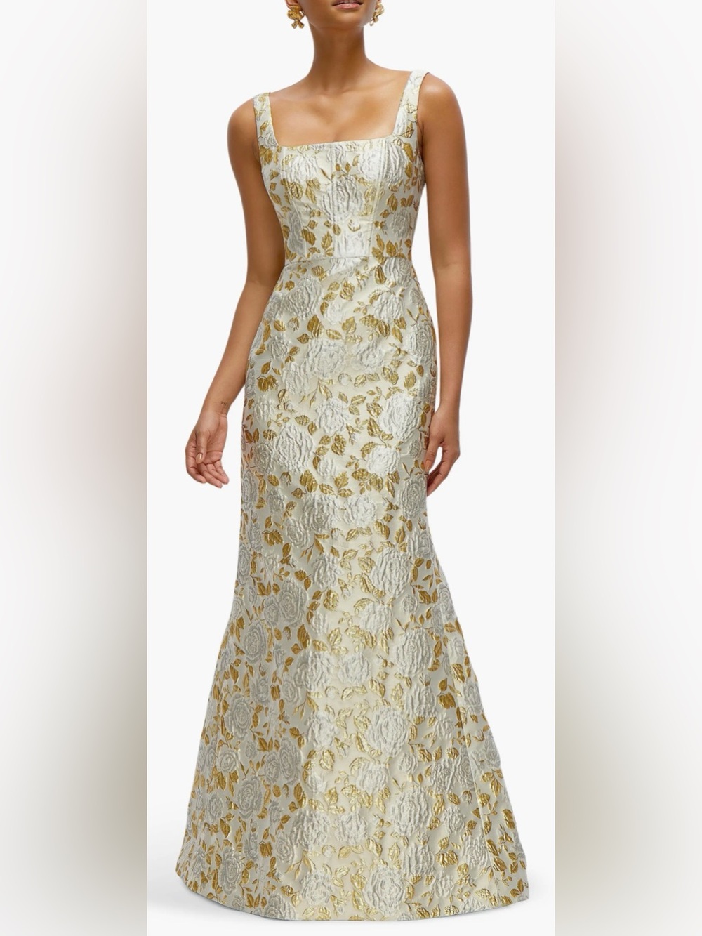 NEW DESSY COLLECTION Metallic Floral Brocade Trumpet Winter Mist Gown Sz 16